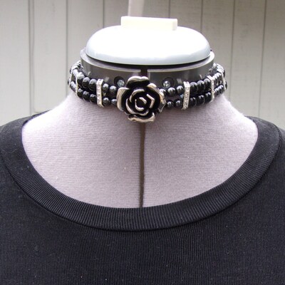Silver Rose and Black Bead with Crystal 2-Strand Choker Necklace - image1